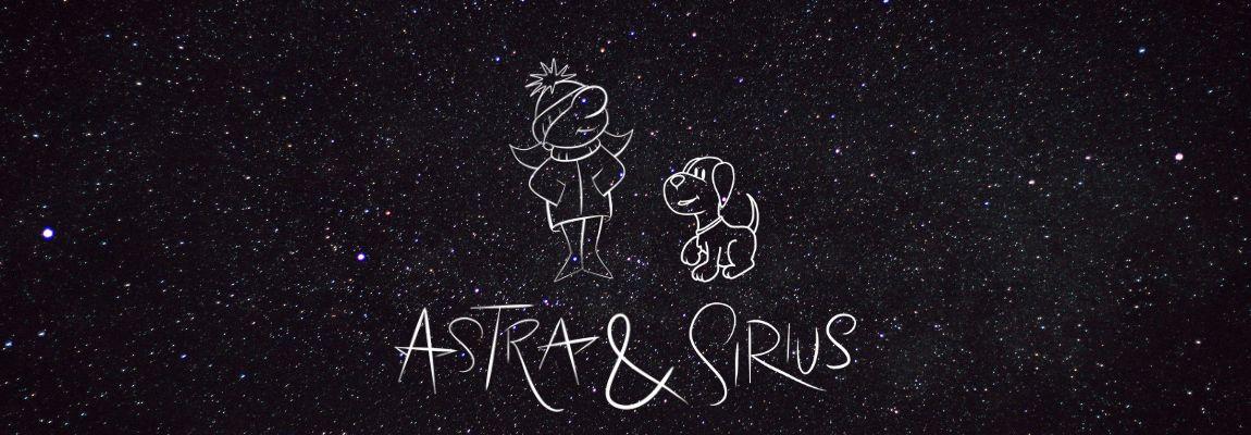 Illustrasjon av en jente og hund på en nattehimmel. Under står teksten "Astra og Sirius"
