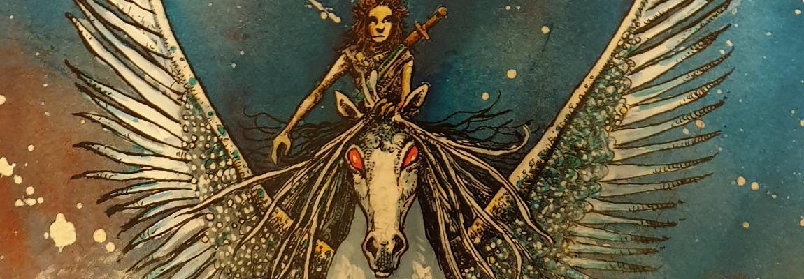 Rytter på pegasus, tegnet illustrasjon.