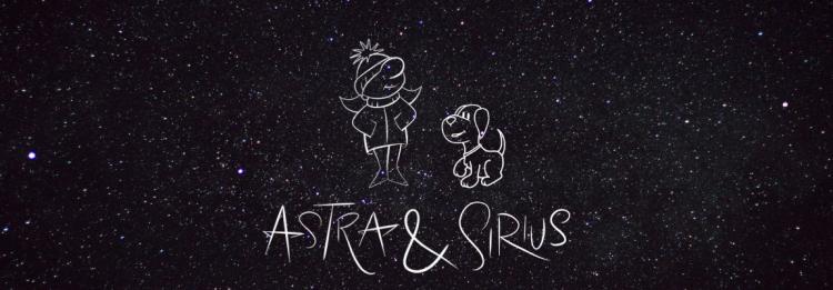 Illustrasjon av en jente og hund på en nattehimmel. Under står teksten "Astra og Sirius"